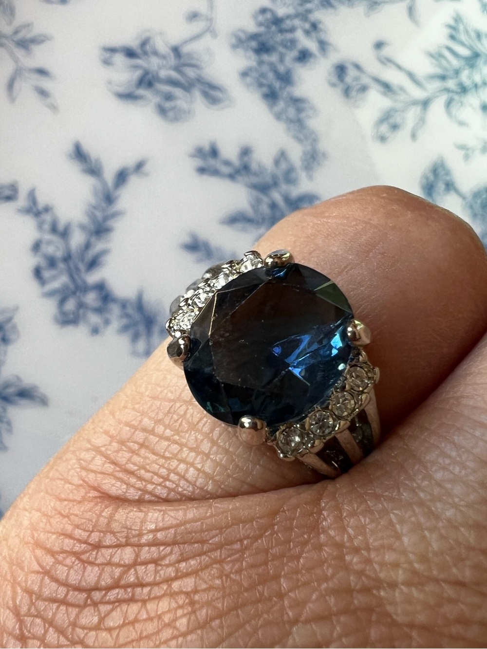 Silver Tone Blue Stone CZ Halo Ring Statement Size 6.5 #655